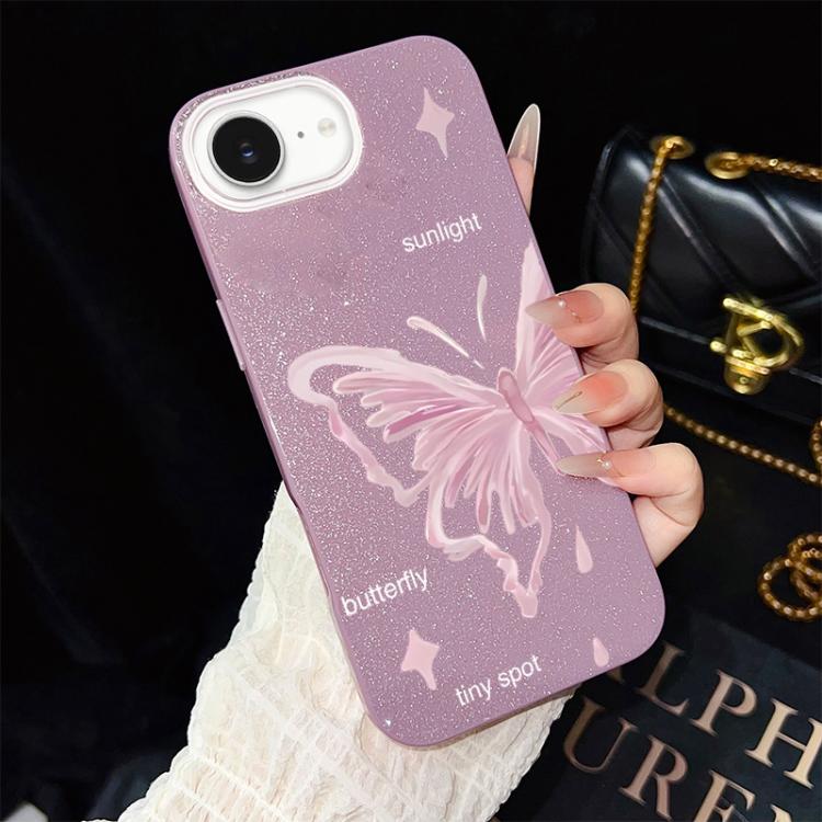 For iPhone 17e / 16e Pink Stars Butterfly Pattern IMD Glitter PC Hybrid TPU Phone Case