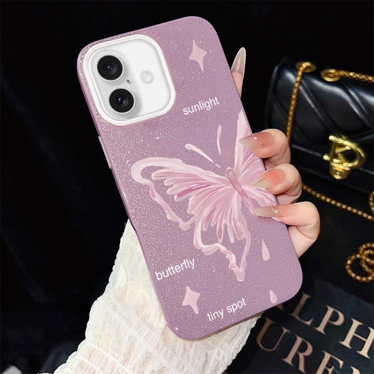 For iPhone 17 Pink Stars Butterfly Pattern IMD Glitter PC Hybrid TPU Phone Case