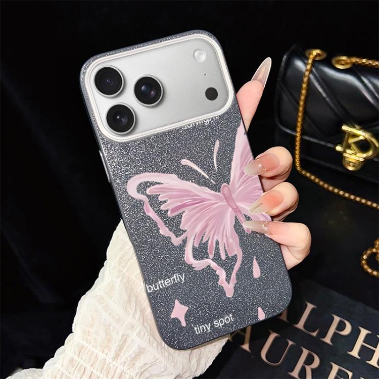 For iPhone 17 Pro Pink Stars Butterfly Pattern IMD Glitter PC Hybrid TPU Phone Case