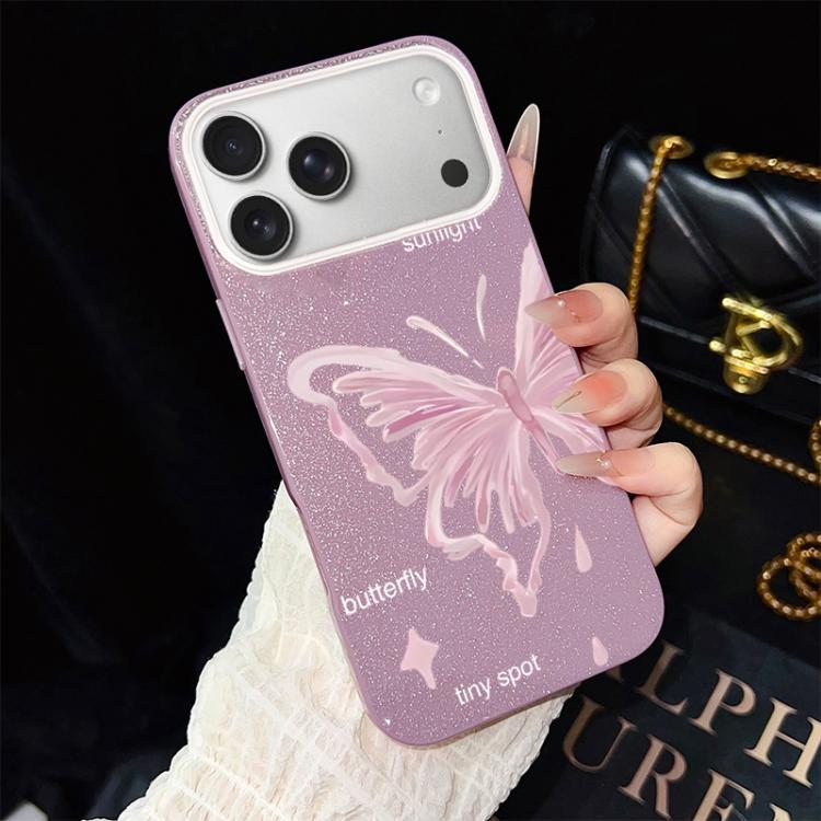 For iPhone 17 Pro Pink Stars Butterfly Pattern IMD Glitter PC Hybrid TPU Phone Case