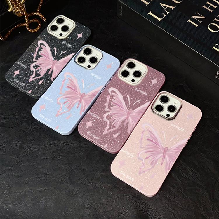 For iPhone 15 Pro Pink Stars Butterfly Pattern IMD Glitter PC Hybrid TPU Phone Case