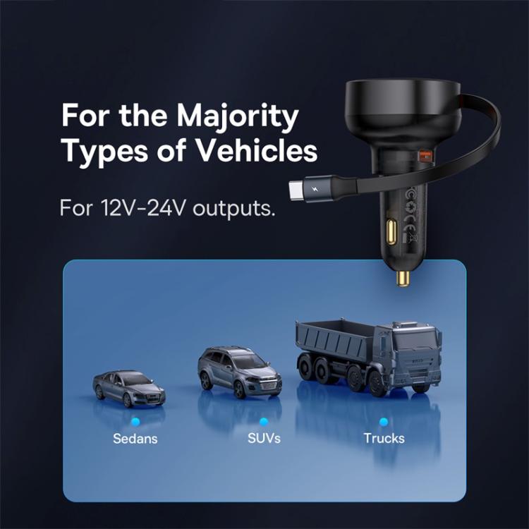 Baseus Enjoyment Pro 60W USB-A Port Car Charger with Type-C Retractable Cable - Black