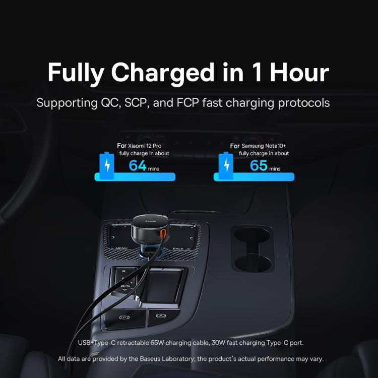 Baseus Enjoyment Pro 60W USB-A Port Car Charger with Type-C Retractable Cable - Black