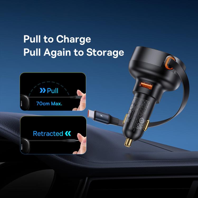 Baseus Enjoyment Pro 60W USB-A Port Car Charger with Type-C Retractable Cable - Black