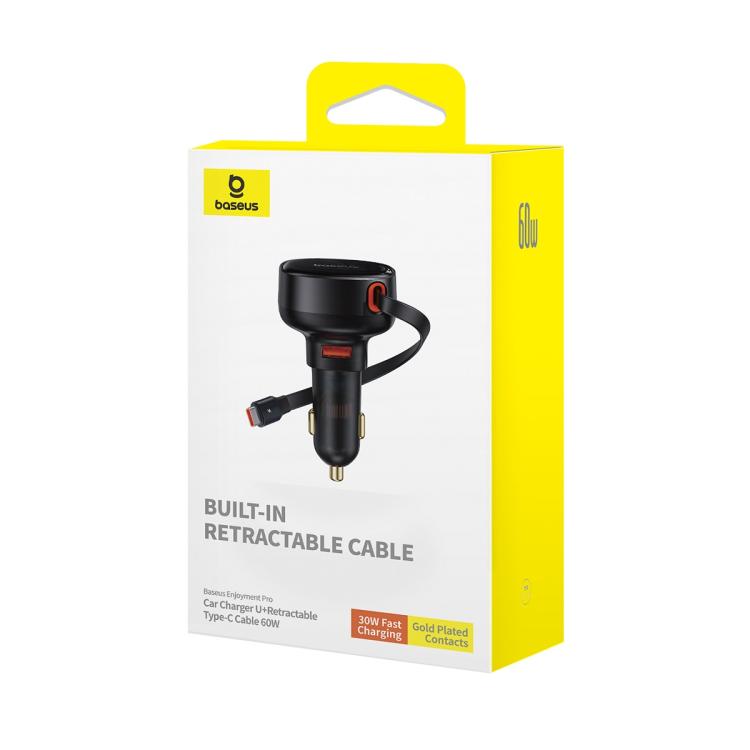 Baseus Enjoyment Pro 60W USB-A Port Car Charger with Type-C Retractable Cable - Black