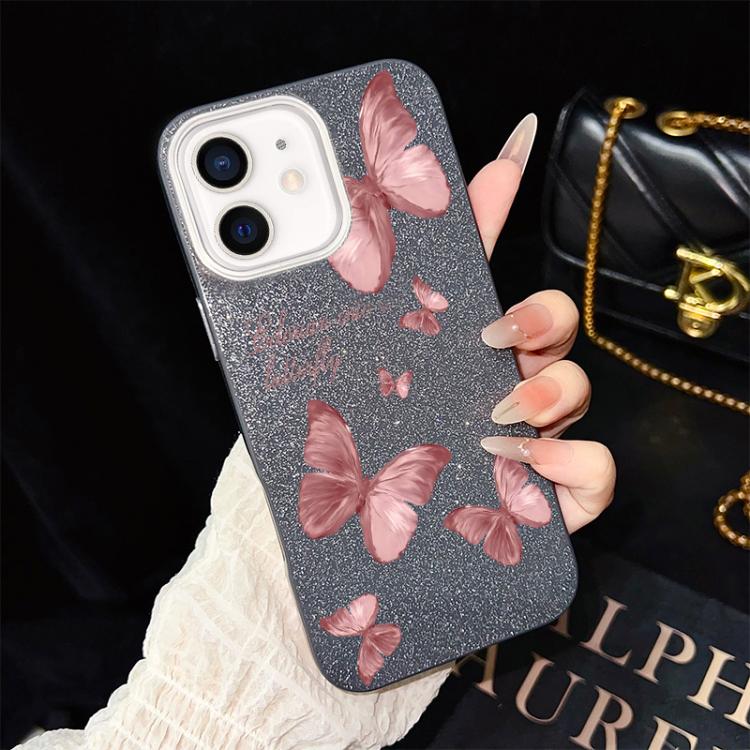 For iPhone 12 Dreamy Butterflies Pattern IMD Glitter PC Hybrid TPU Phone Case