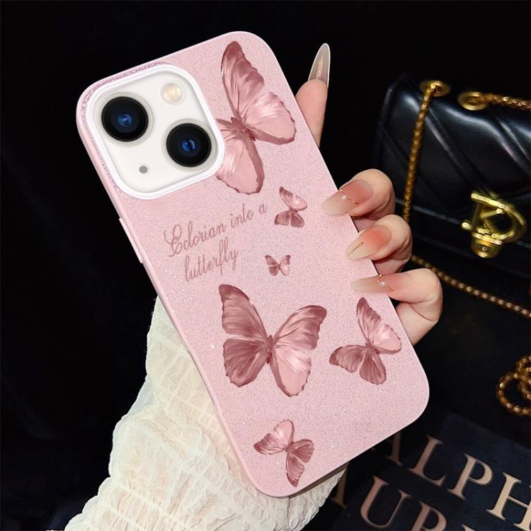 For iPhone 13 Dreamy Butterflies Pattern IMD Glitter PC Hybrid TPU Phone Case