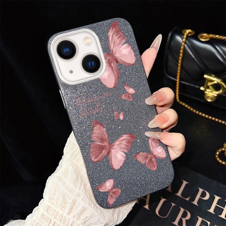For iPhone 14 Dreamy Butterflies Pattern IMD Glitter PC Hybrid TPU Phone Case