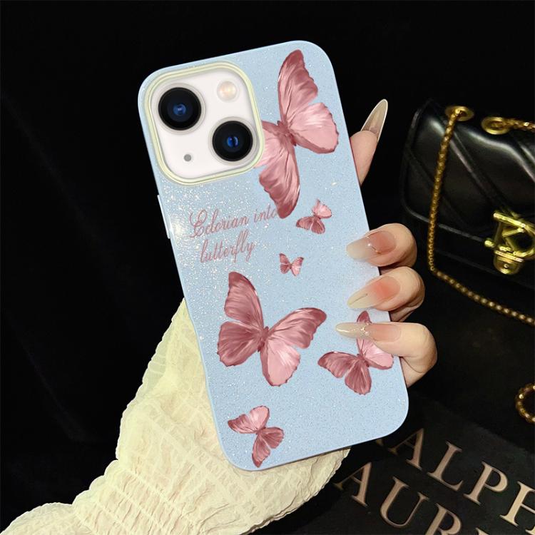 For iPhone 14 Plus Dreamy Butterflies Pattern IMD Glitter PC Hybrid TPU Phone Case