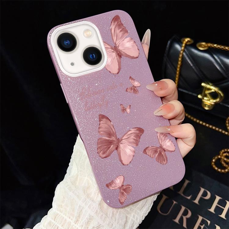 For iPhone 14 Plus Dreamy Butterflies Pattern IMD Glitter PC Hybrid TPU Phone Case