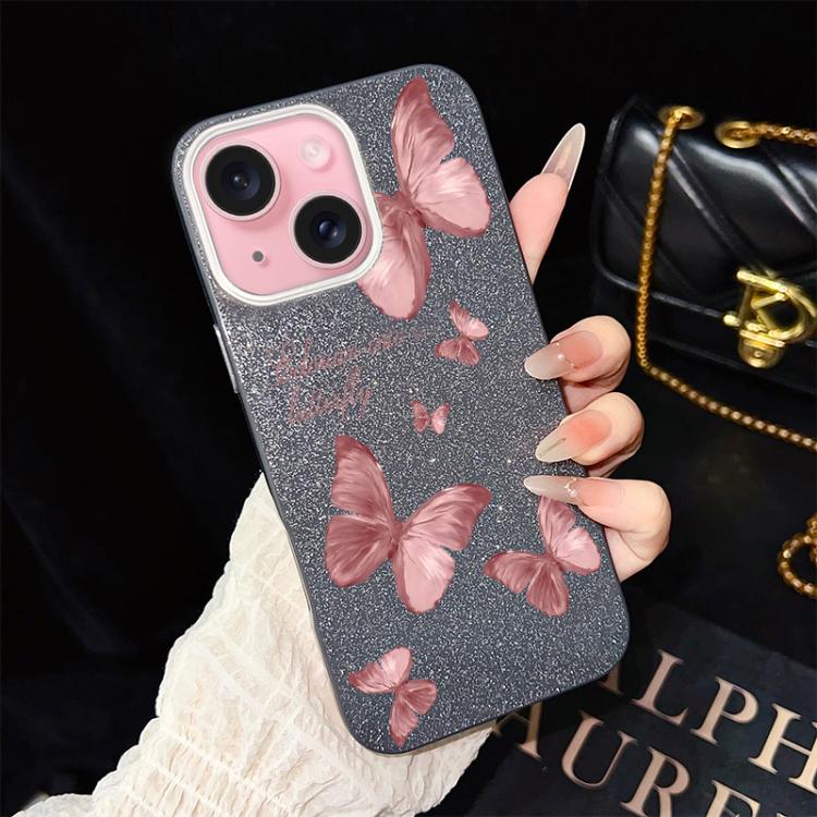 For iPhone 15 Dreamy Butterflies Pattern IMD Glitter PC Hybrid TPU Phone Case