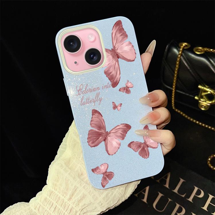 For iPhone 15 Plus Dreamy Butterflies Pattern IMD Glitter PC Hybrid TPU Phone Case