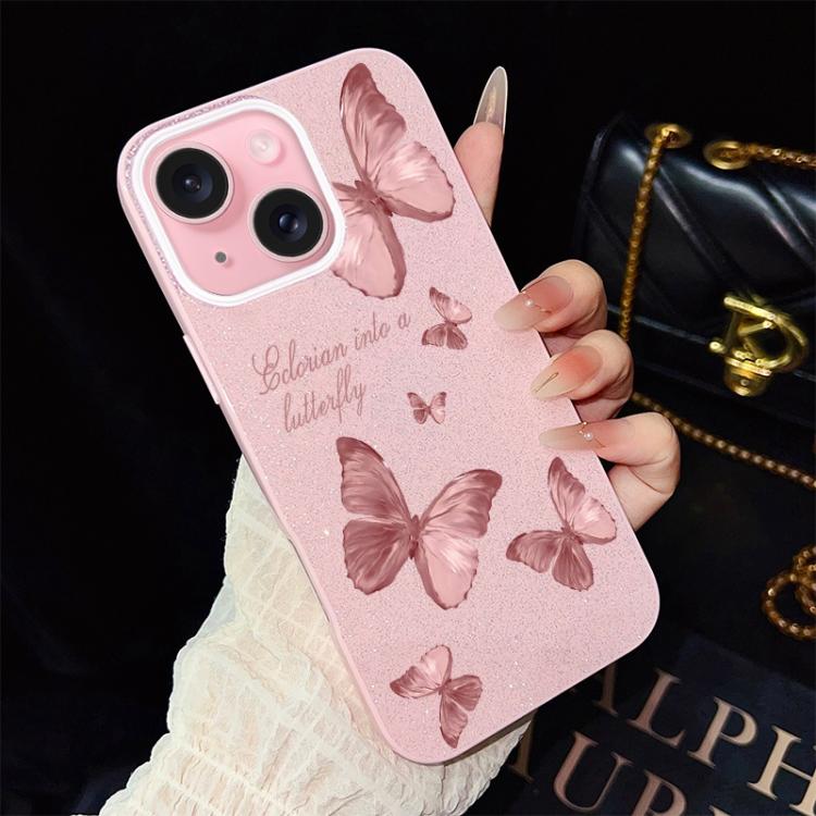 For iPhone 15 Plus Dreamy Butterflies Pattern IMD Glitter PC Hybrid TPU Phone Case