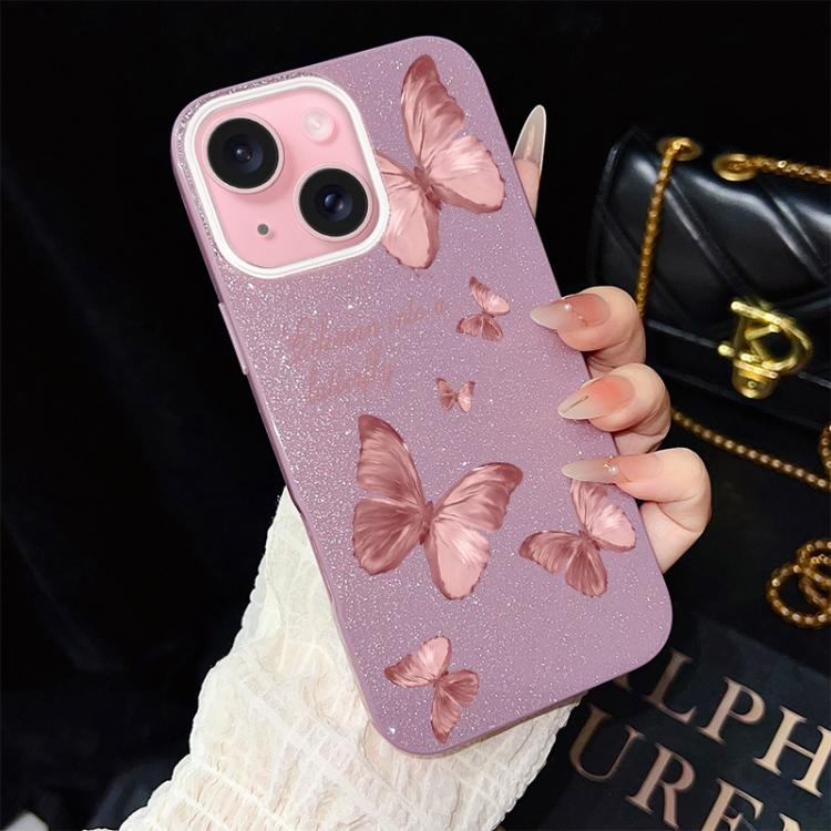 For iPhone 15 Plus Dreamy Butterflies Pattern IMD Glitter PC Hybrid TPU Phone Case
