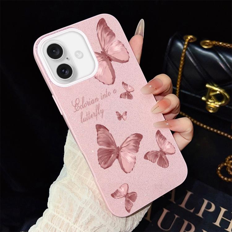 For iPhone 16 Plus Dreamy Butterflies Pattern IMD Glitter PC Hybrid TPU Phone Case