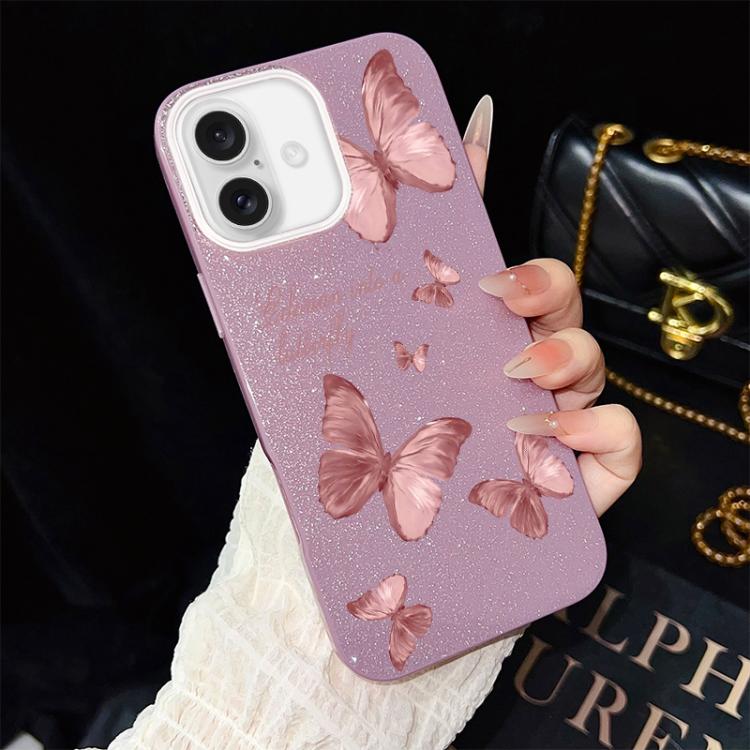 For iPhone 16 Plus Dreamy Butterflies Pattern IMD Glitter PC Hybrid TPU Phone Case