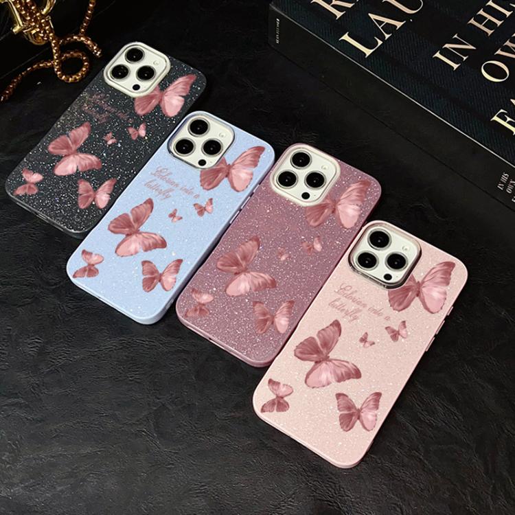 For iPhone 16 Plus Dreamy Butterflies Pattern IMD Glitter PC Hybrid TPU Phone Case