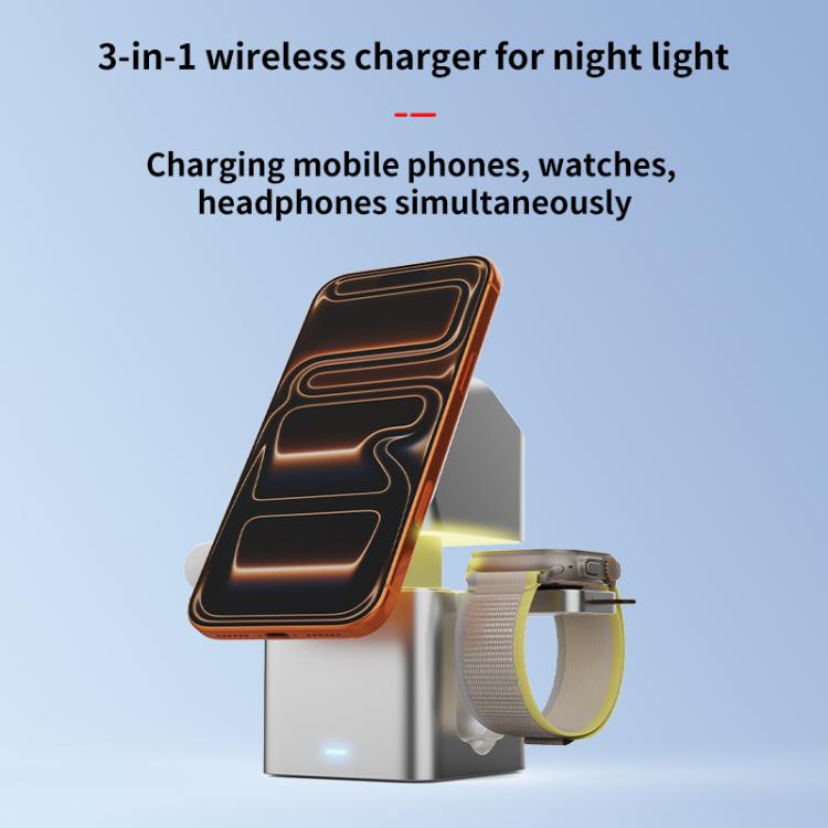 HS-V25 QI 15W 3 in 1 Lifting Night Light Wireless Charger - Silver