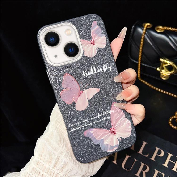 For iPhone 13 Gradient Butterflies Pattern IMD Glitter PC Hybrid TPU Phone Case