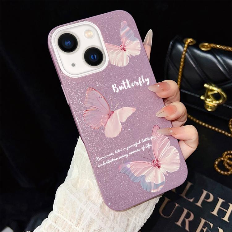 For iPhone 13 Gradient Butterflies Pattern IMD Glitter PC Hybrid TPU Phone Case