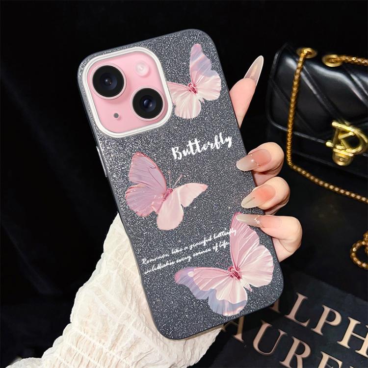 For iPhone 15 Plus Gradient Butterflies Pattern IMD Glitter PC Hybrid TPU Phone Case