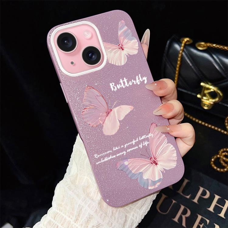 For iPhone 15 Plus Gradient Butterflies Pattern IMD Glitter PC Hybrid TPU Phone Case