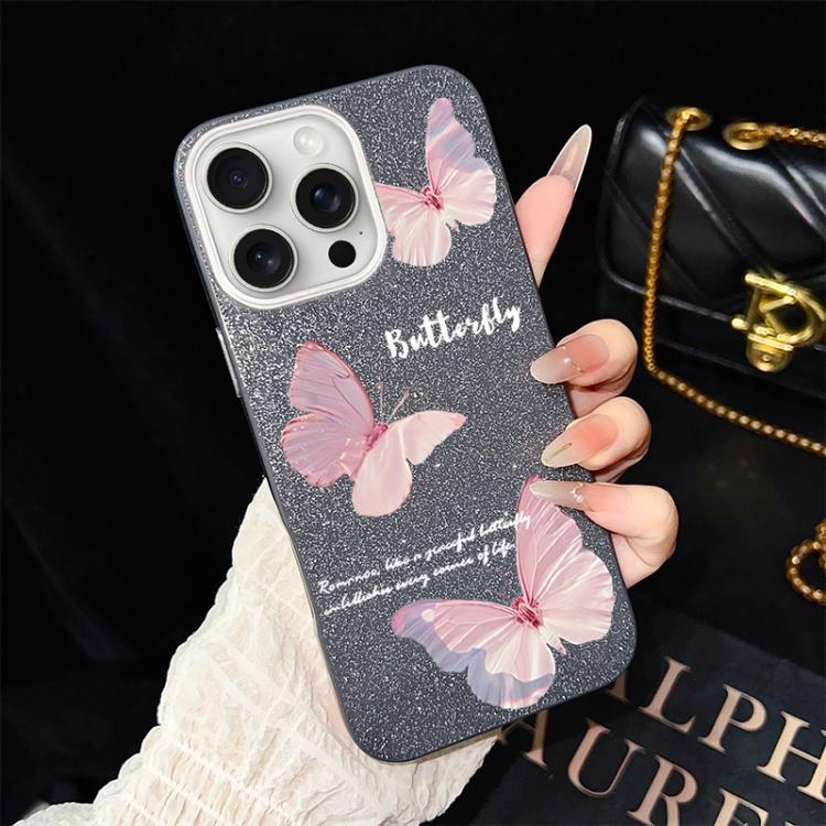 For iPhone 15 Pro Max Gradient Butterflies Pattern IMD Glitter PC Hybrid TPU Phone Case