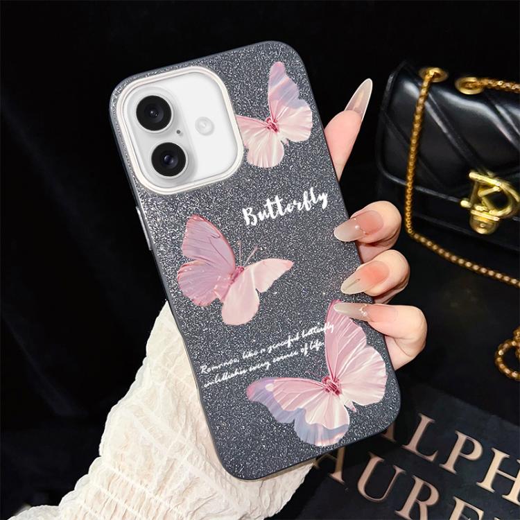 For iPhone 16 Gradient Butterflies Pattern IMD Glitter PC Hybrid TPU Phone Case