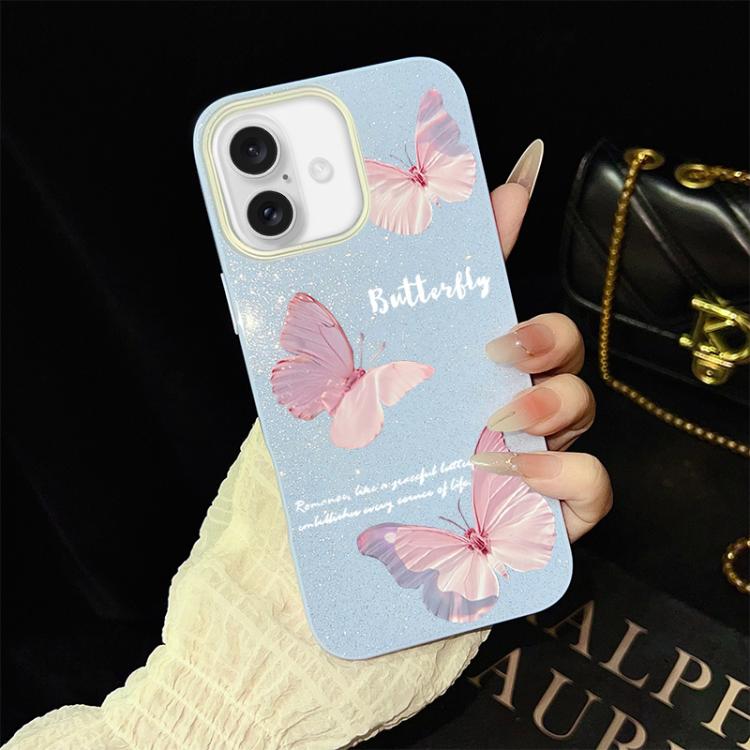 For iPhone 16 Plus Gradient Butterflies Pattern IMD Glitter PC Hybrid TPU Phone Case