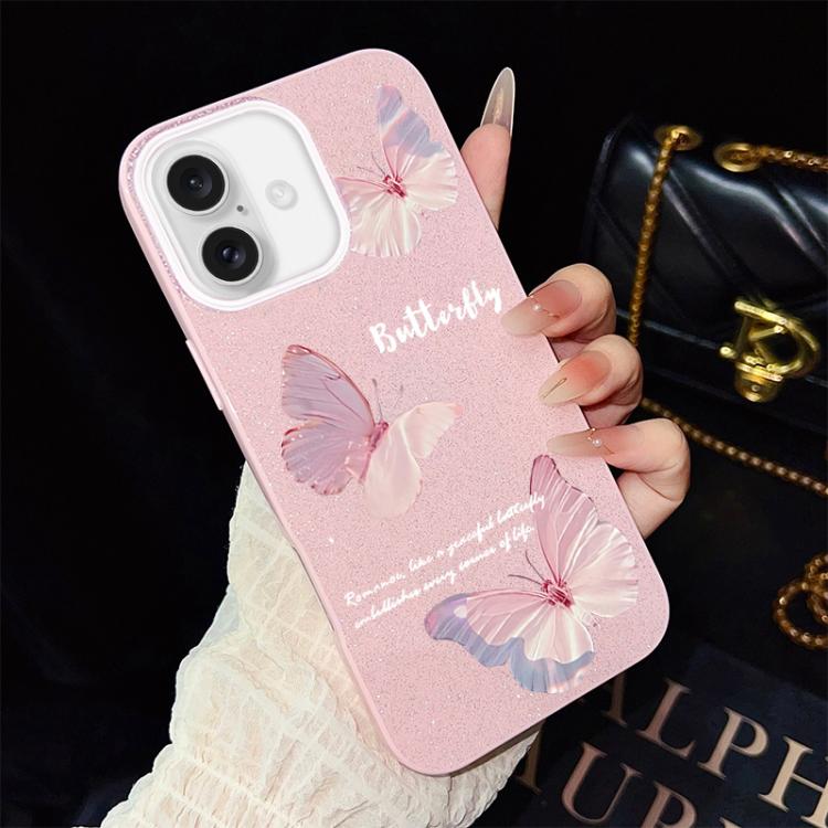 For iPhone 16 Plus Gradient Butterflies Pattern IMD Glitter PC Hybrid TPU Phone Case