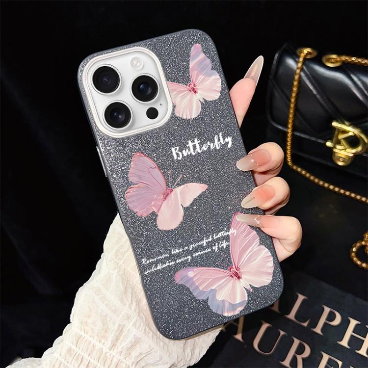 For iPhone 16 Pro Gradient Butterflies Pattern IMD Glitter PC Hybrid TPU Phone Case