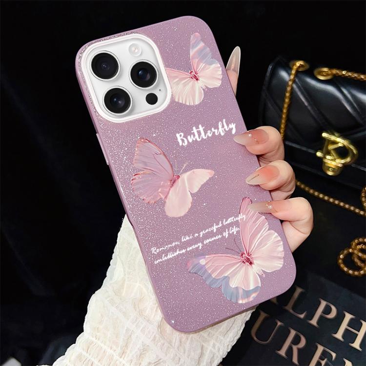 For iPhone 16 Pro Gradient Butterflies Pattern IMD Glitter PC Hybrid TPU Phone Case