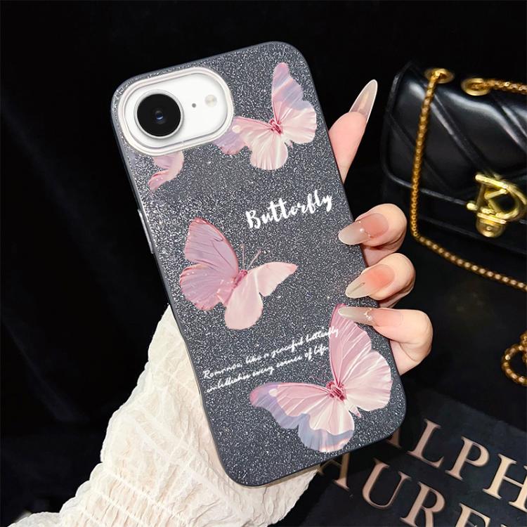 For iPhone 17e / 16e Gradient Butterflies Pattern IMD Glitter PC Hybrid TPU Phone Case