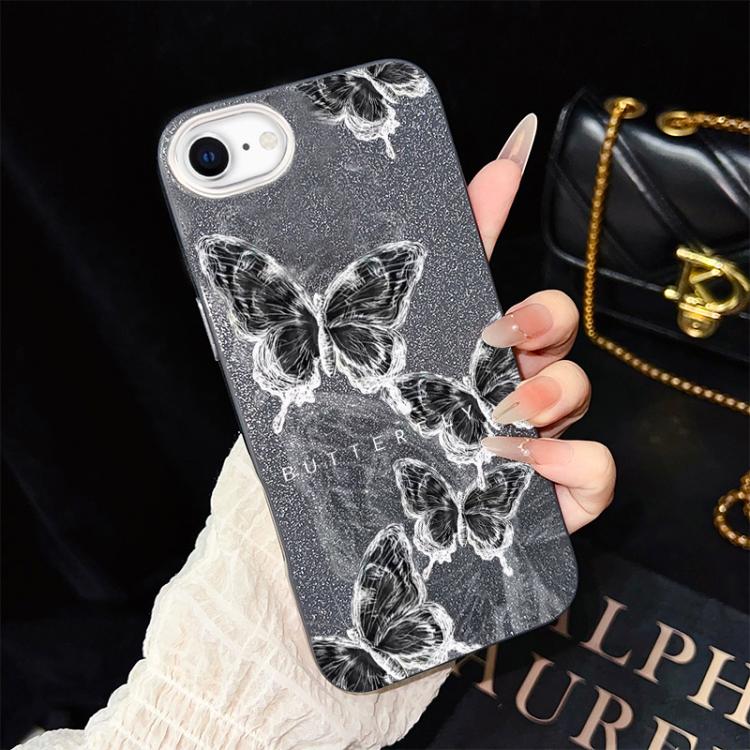 For iPhone SE 2022 / SE 2020 Sketch Butterflies Pattern IMD Glitter PC Hybrid TPU Phone Case