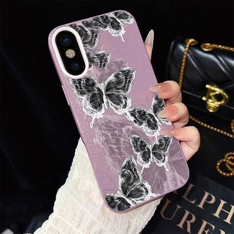 For iPhone XS / X Sketch Butterflies Pattern IMD Glitter PC Hybrid TPU Phone Case
