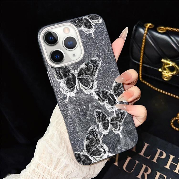 For iPhone 11 Pro Sketch Butterflies Pattern IMD Glitter PC Hybrid TPU Phone Case