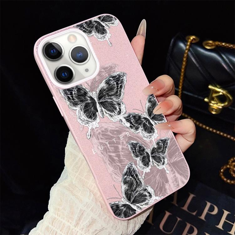 For iPhone 11 Pro Max Sketch Butterflies Pattern IMD Glitter PC Hybrid TPU Phone Case