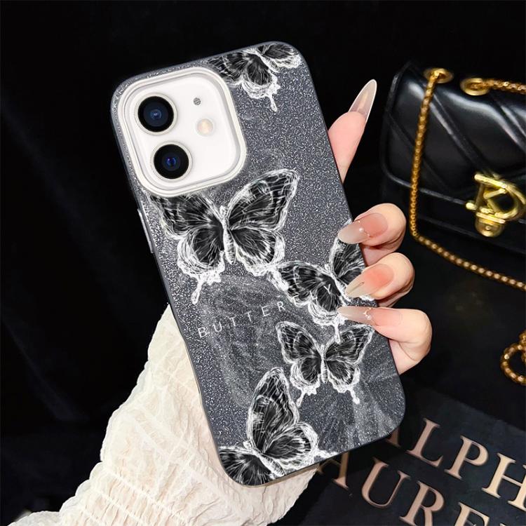 For iPhone 12 Sketch Butterflies Pattern IMD Glitter PC Hybrid TPU Phone Case