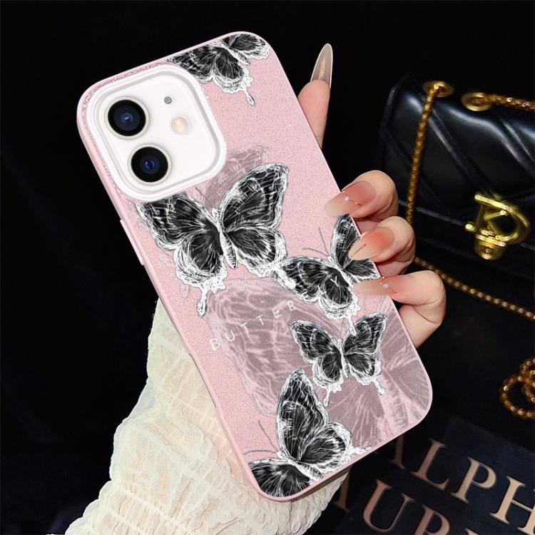 For iPhone 12 Sketch Butterflies Pattern IMD Glitter PC Hybrid TPU Phone Case