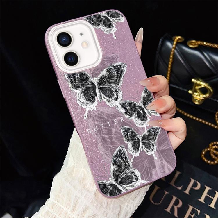 For iPhone 12 Sketch Butterflies Pattern IMD Glitter PC Hybrid TPU Phone Case