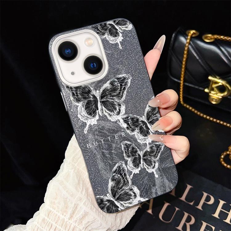 For iPhone 13 Sketch Butterflies Pattern IMD Glitter PC Hybrid TPU Phone Case
