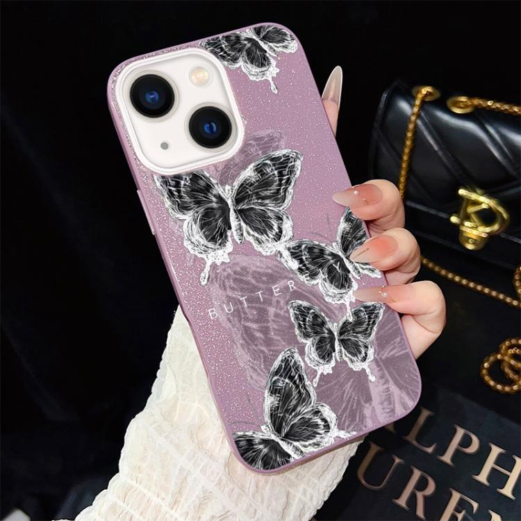 For iPhone 13 Sketch Butterflies Pattern IMD Glitter PC Hybrid TPU Phone Case