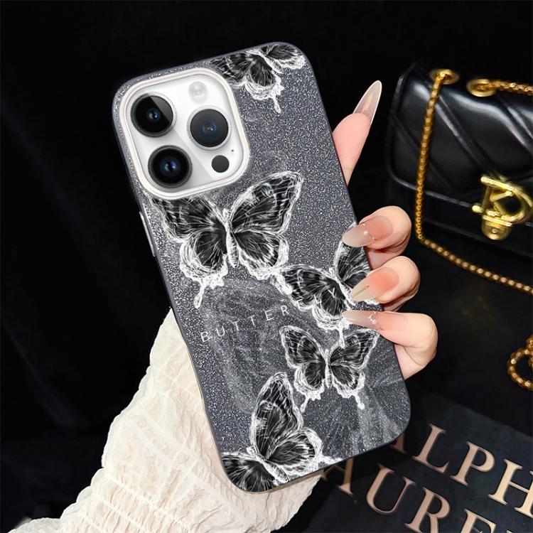 For iPhone 13 Pro Max Sketch Butterflies Pattern IMD Glitter PC Hybrid TPU Phone Case