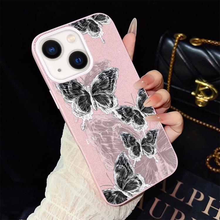 For iPhone 14 Sketch Butterflies Pattern IMD Glitter PC Hybrid TPU Phone Case