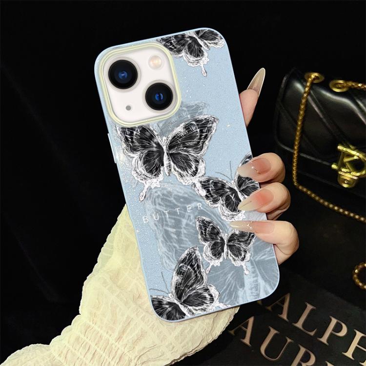 For iPhone 14 Plus Sketch Butterflies Pattern IMD Glitter PC Hybrid TPU Phone Case