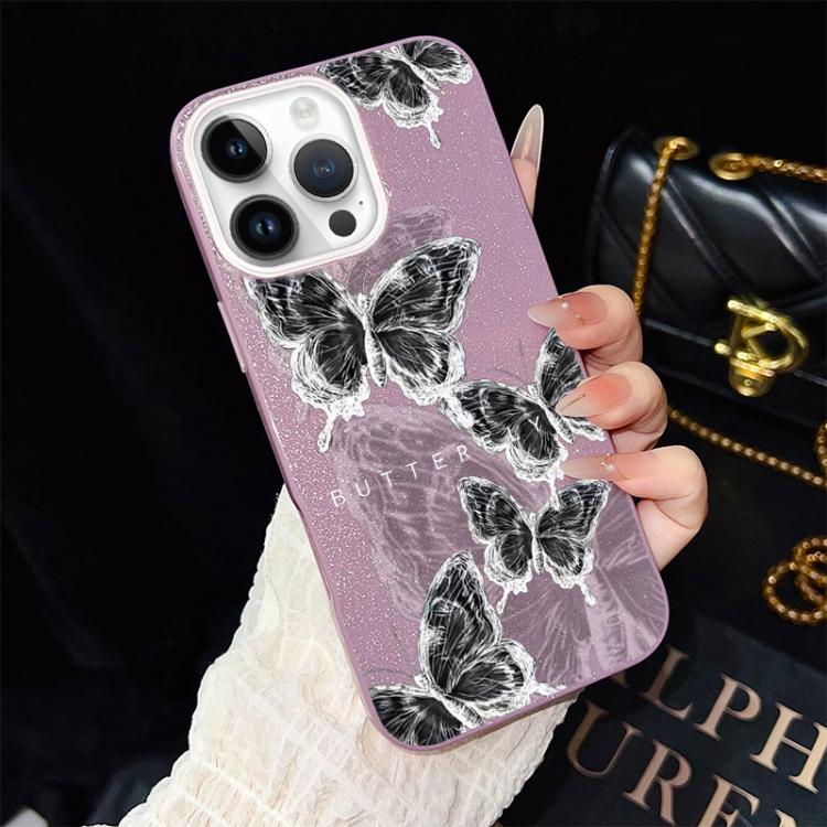 For iPhone 14 Pro Sketch Butterflies Pattern IMD Glitter PC Hybrid TPU Phone Case
