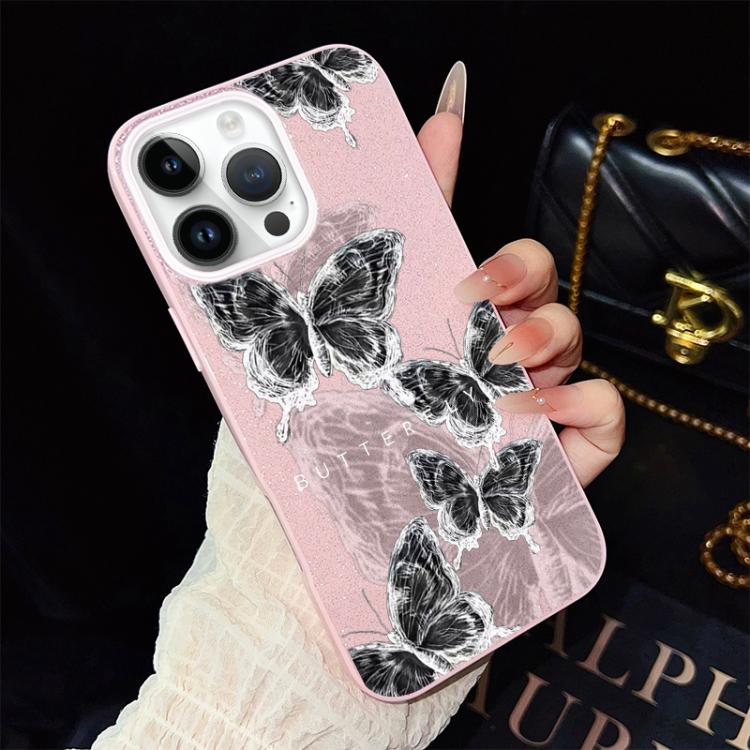 For iPhone 14 Pro Max Sketch Butterflies Pattern IMD Glitter PC Hybrid TPU Phone Case