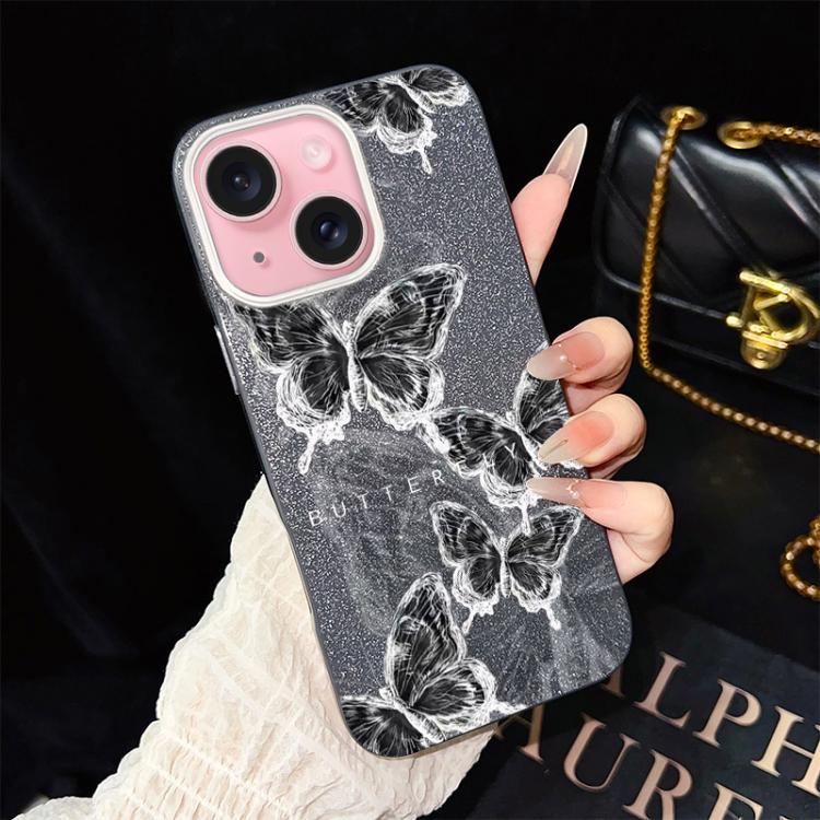For iPhone 15 Sketch Butterflies Pattern IMD Glitter PC Hybrid TPU Phone Case