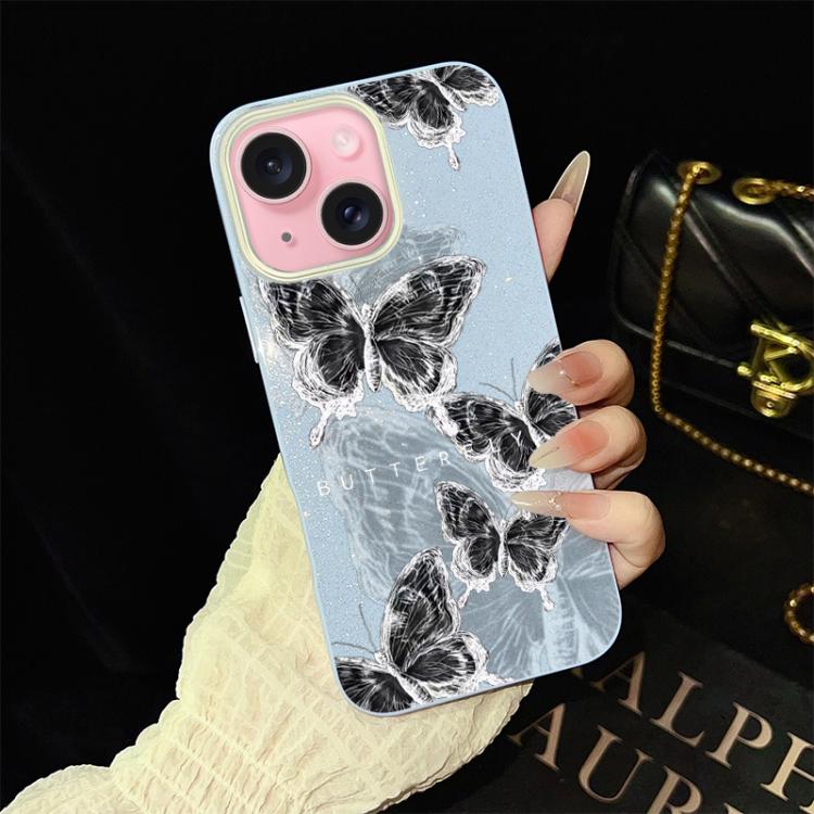 For iPhone 15 Sketch Butterflies Pattern IMD Glitter PC Hybrid TPU Phone Case