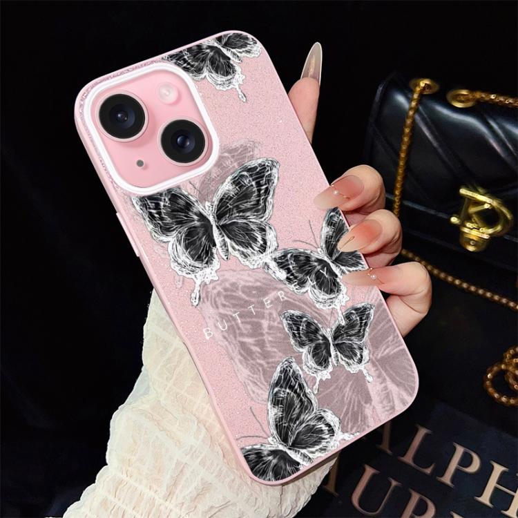For iPhone 15 Sketch Butterflies Pattern IMD Glitter PC Hybrid TPU Phone Case